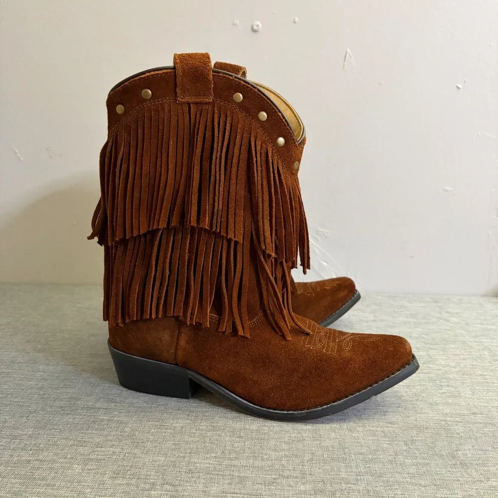 Shyanne Fringe Western Boots Girls Size 3 Brown Suede Leather Studded 43514C‎